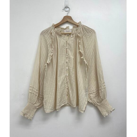 Cleobella Cream Ari Metallic Stripe Ruffle Puff Sleeve Peasant Blouse Large - Picture 14 of 16